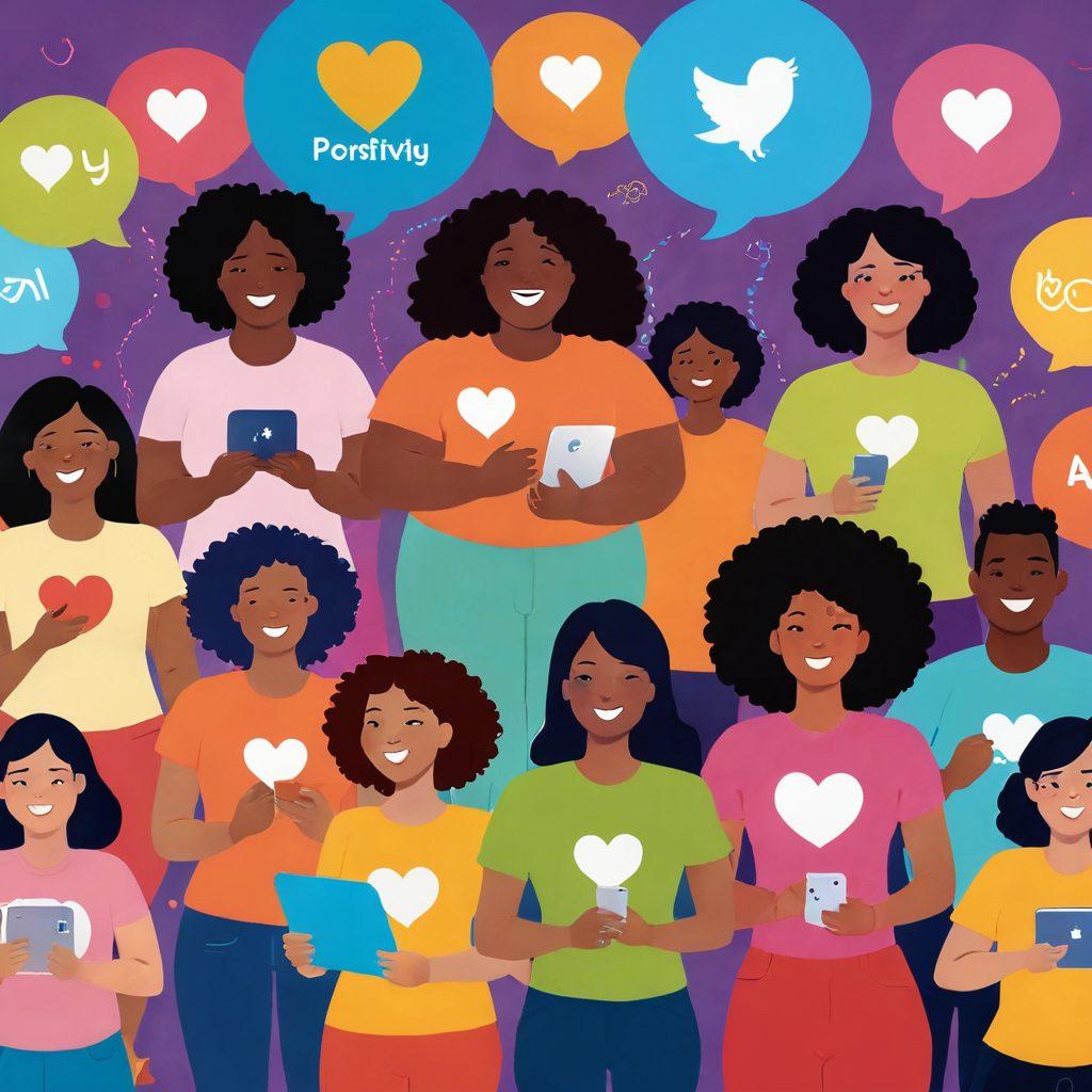 A diverse group of individuals of varying body types joyfully engaging in a virtual community on their digital devices, surrounded by positive affirmations and supportive messages. One participant standing confidently, highlighting body positivity, with an uplifting atmosphere filled with heart symbols and radiant colors. The background showcases digital icons representing online connections, like chat bubbles and social media logos. vibrant colors. modern illustration.