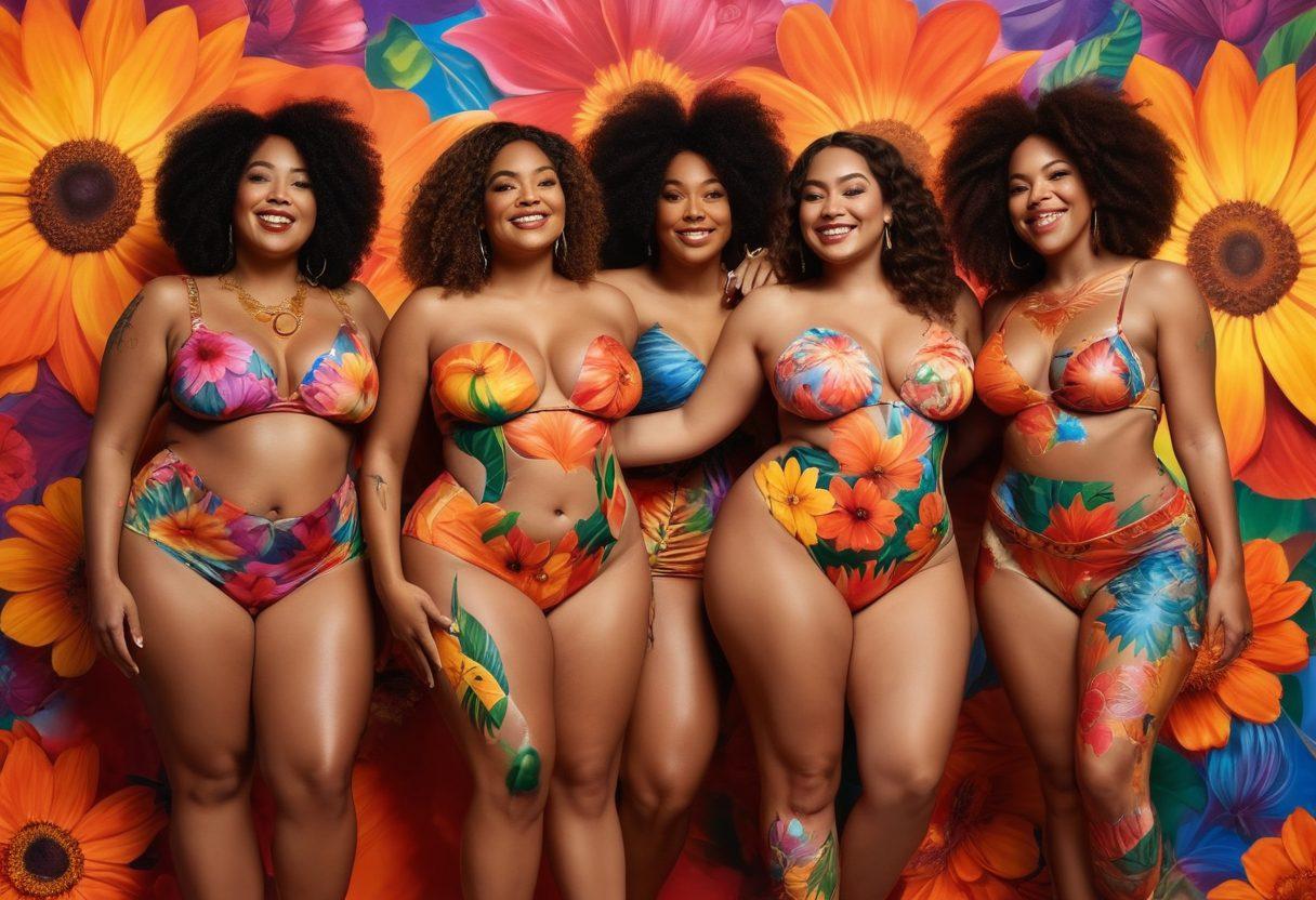 A diverse group of women of all shapes and sizes joyfully celebrating their bodies, adorned with artistic body paint and unique clothing designs emphasizing their curves. The background features vibrant digital art showcasing flowers and abstract forms symbolizing femininity. Soft sunlight glows over the scene, highlighting the confidence on their faces. Capture a sense of empowerment and unity among them. vibrant colors. digital art. white background.