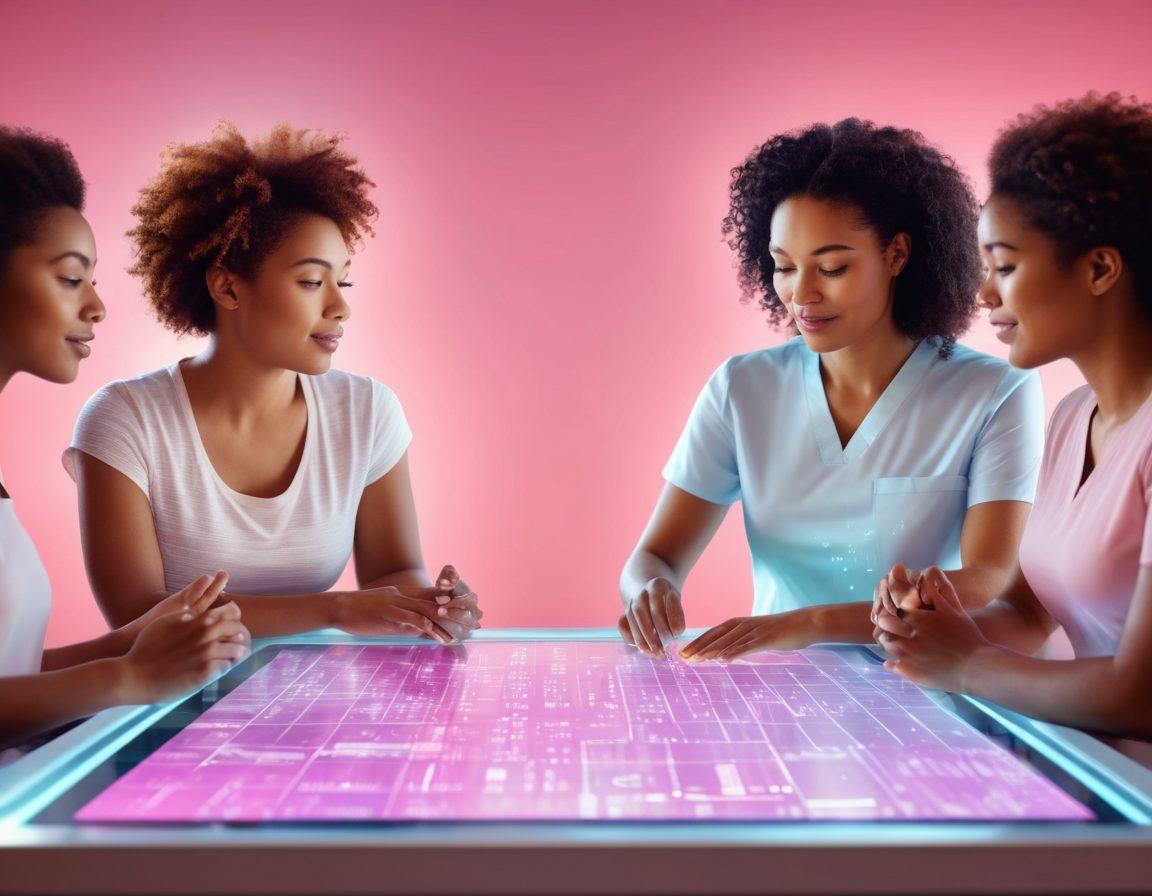A diverse group of women of different ages and ethnicities, engaged in a lively discussion around a futuristic digital table filled with holographic health data about breast health. Background features soft, calming colors symbolizing wellness, with visual elements like icons of support and education. Include abstract representations of connectivity and empowerment. digitized patterns and soft lighting. super-realistic. vibrant colors.